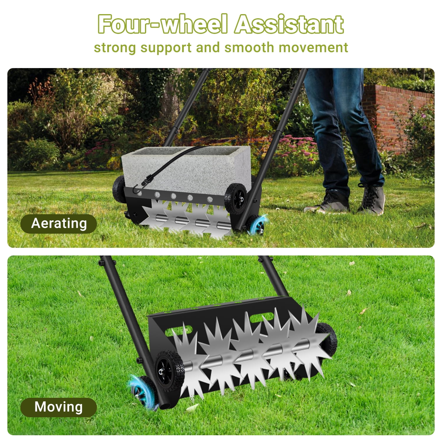 Push Spike Aerator,18Inch Push Lawn Aerator with 4 Wheels,Heavy Duty Rolling Manual Yard Aerator Lawn Tool with 45inch Handle,Suitable for Lawn Garden Yard Grass Maintenance