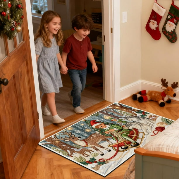 Seyotauo Christmas Decor 3D Stereoscopic Embroidery Carpet - 24 x16 inch Polyester Xmas Decor Indoor Outdoor, Absorbent Nonslip Dirt Proof Washable Foot Mat for Entryway Kitchen Bathroom Porch Patio