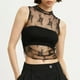 thumbnail image 2 of Top corto sin mangas de encaje transparente para mujer - Cuello alto, fruncido en los laterales, bordado floral, 2 of 7