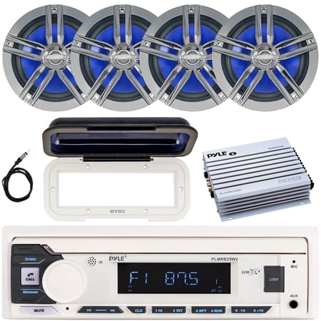 Pyle PLMRB29W2 Single DIN Marine Bluetooth USB/AUX MP3 Player AM/FM Radio In-Dash Stereo White Receiver w/White Cover 4x 6.5 180 Watt Max 2-Way Marine Audio Speakers 4 Channel Amplifier Antenna