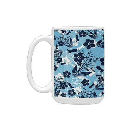 

Floral Daisies Roses Flowers in Modern Design with Leaves and Buds Image Print Indigo Light Blue Whi Ceramic Mug (15 OZ) (Made In USA)