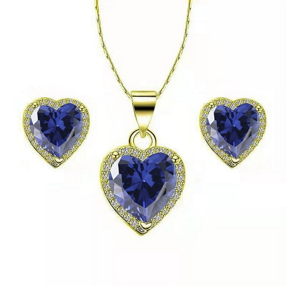 Bonjour Jewelers 18k Yellow Gold Plated Heart 4 Carat Created Blue Sapphire Full Set Necklace, Earrings 18 Inch