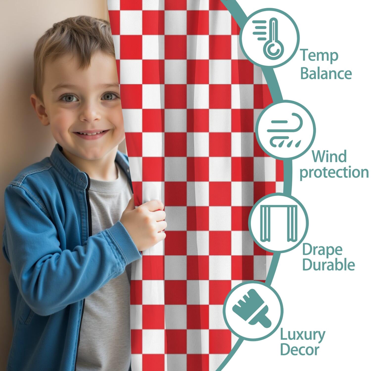 Blackout Kids Curtains,White Red Checkered Childrens Insulated Curtains Set Of 2,Bedroom Essentials,Toddler Room Decor 42"x54"(106x137cm)