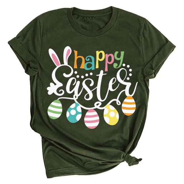 Bowake T-Shirts Joyeuses Pâques pour Femmes Manches Courtes Col Rond T-Shirts Imprimé Œuf Mignon Blouses Classiques de Festival