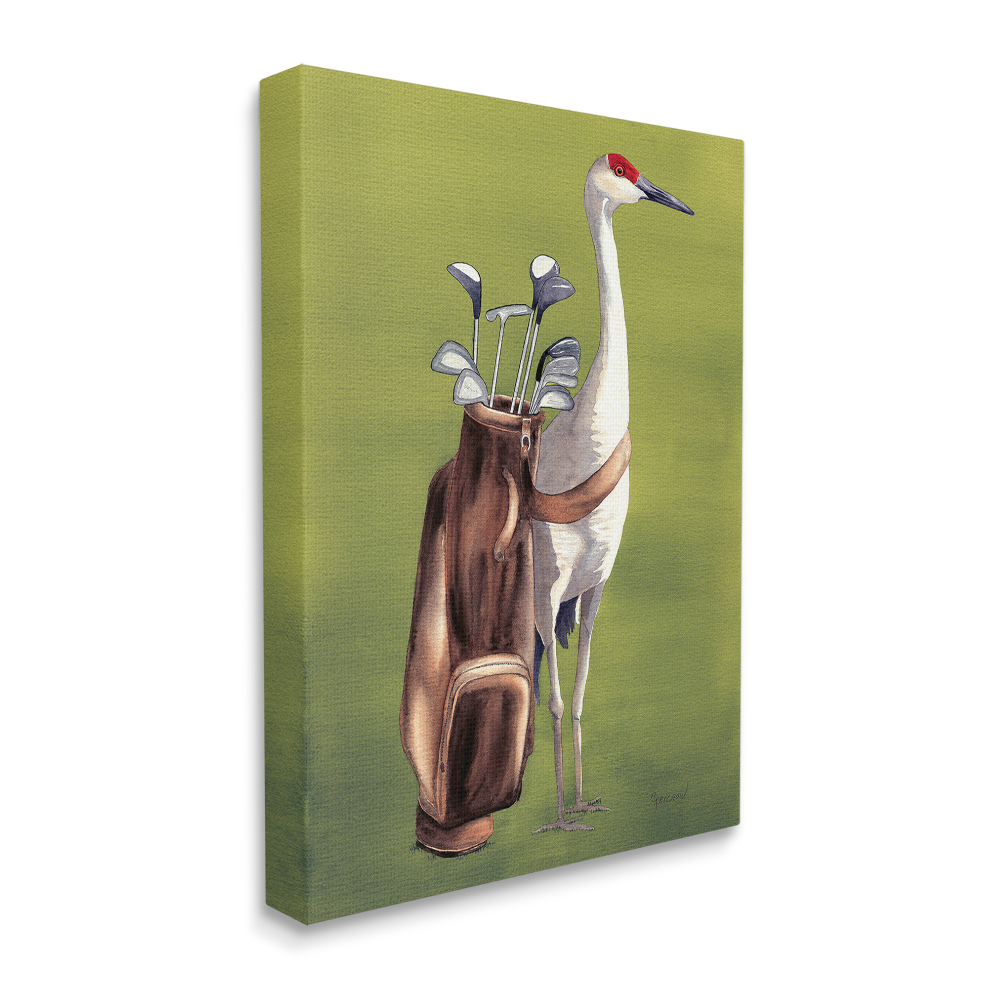 Stupell Industries Crane Bird with Golf Clubs Animals & Insects Painting Gallery Wrapped Canvas Art Print Wall Art, 24 x 30