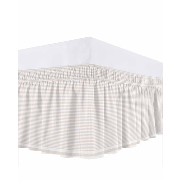 Farmhouse Beige White Striped Bed Skirt Queen Size, Modern Stripes Wrap Around Bed Skirting with Adjustable Elastic Strap, Dust Ruffle Pleated Bedskirts 16 Inch Drop for Bedroom Queen Beds
