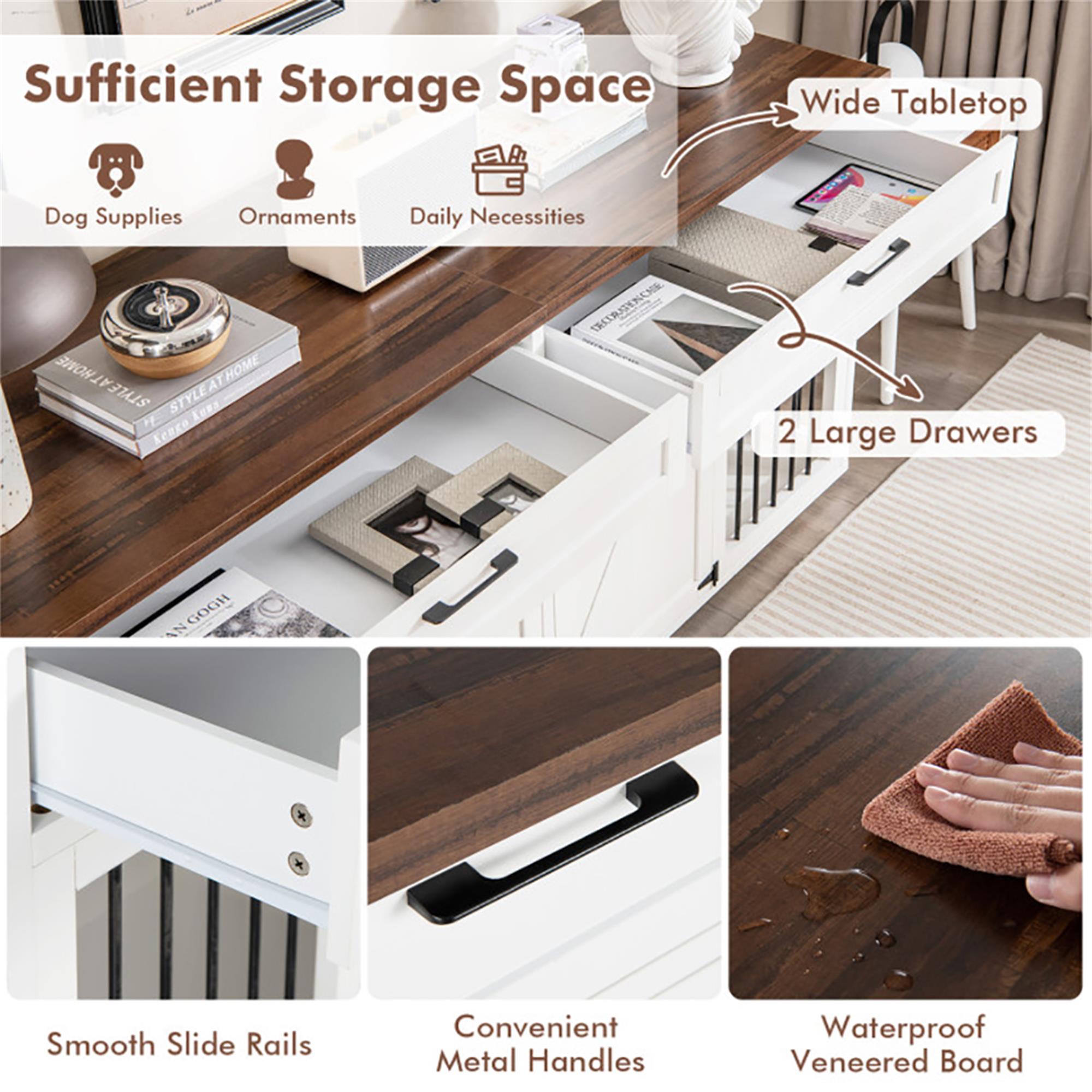 resenkos 72" Double Door Dog Crate with Partition for Two Puppies, Furniture Style Dog Cages, Indoor Wood Kennel with Room Divider, White