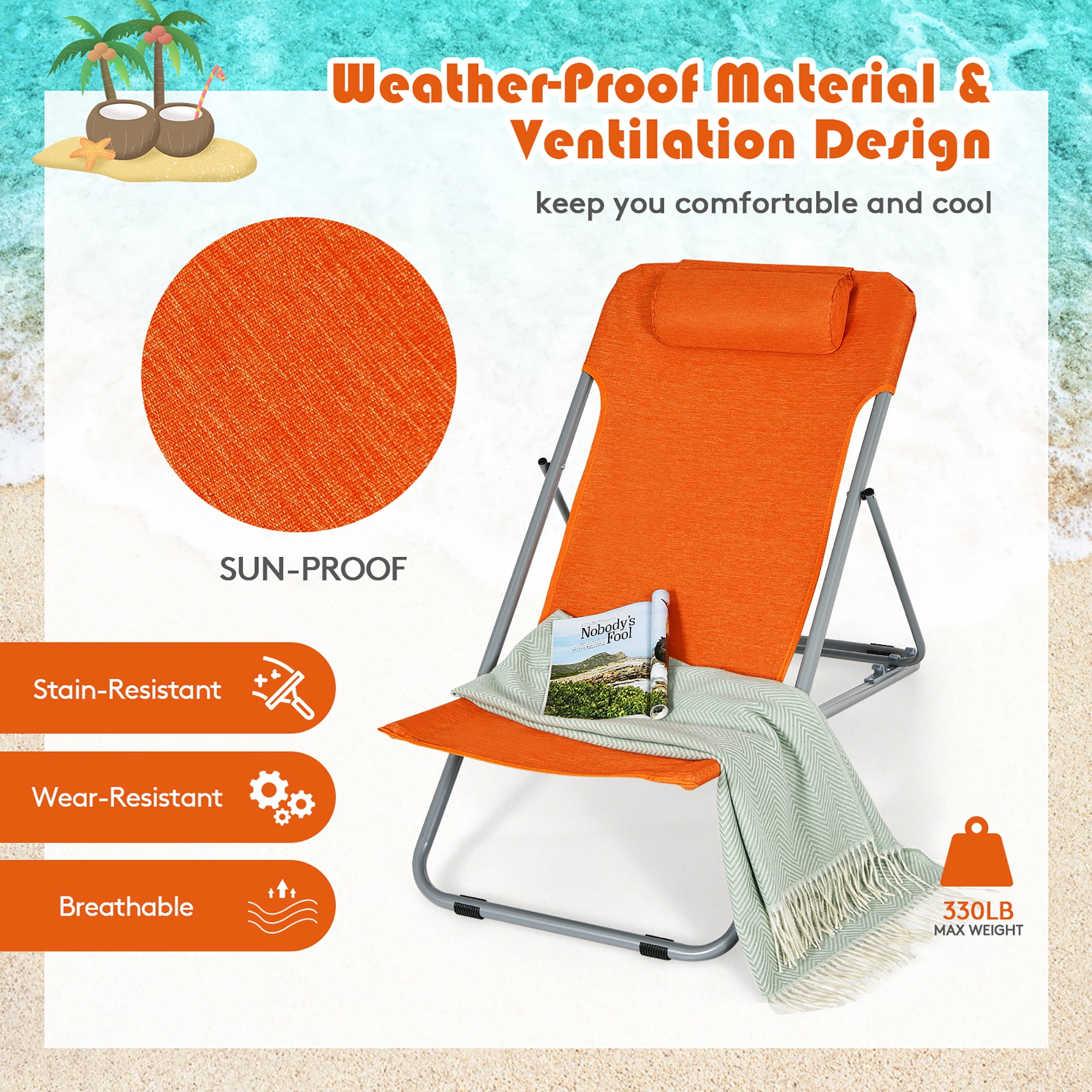 Costway Set of 2 Beach Chair Portable 3 Position Lounge Chair w