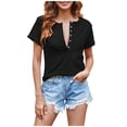 thumbnail image 3 of Tshirts For Women Summer Trendy Plunge Neck Low Cut Ribbed Knit Short Sleeve Stretchy Comfortable Breathable Gathering Trendy Casual Wear Tshirt, 3 of 7