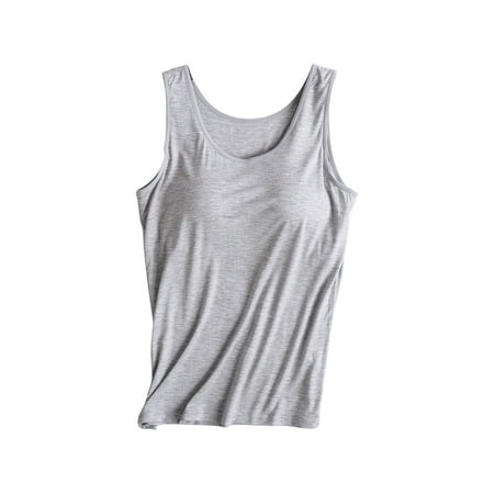 AKOEE Modal Cotton Tank Tops for Women with Shelf Bra Sleeveless Wide Strap Layer Padded Camisole Yoga Top S-4XL (3X-Large  Gray 02)