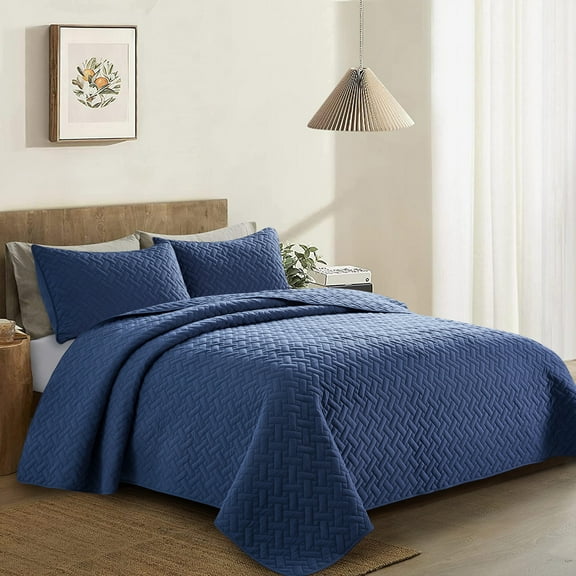 UNIKOME Lightweight 3 Piece Microfiber Coverlet Set Quilted Design, Navy, Twin