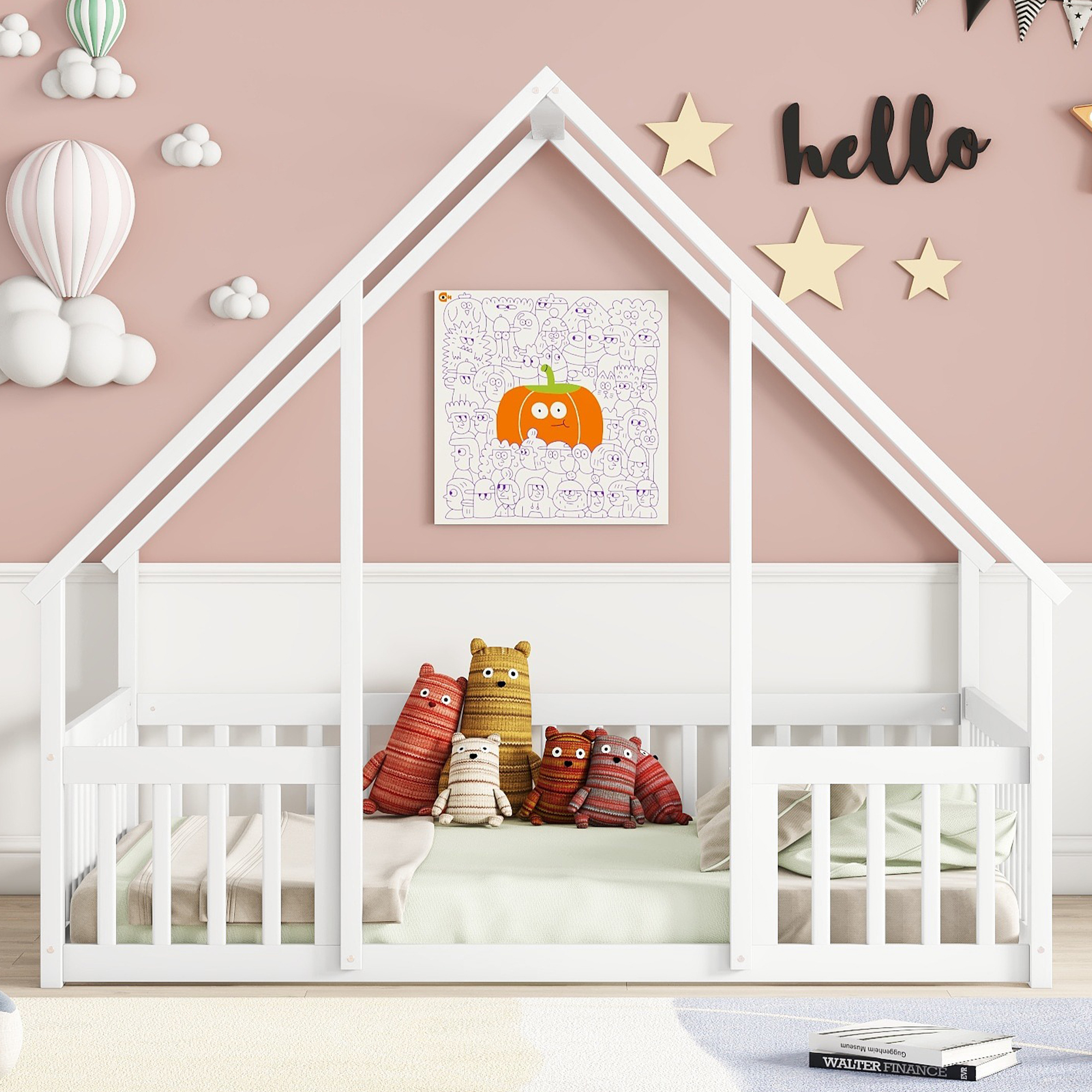 Leumius Full Wood House-Shaped Floor Bed with Fence, Guardrails for Boys Girls White