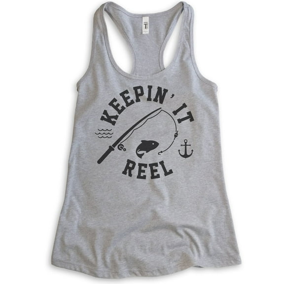 Keepin' It Reel Tank Top, Ladies Racerback Tank Top, Fishing Tank, Fish Pun Tank, Fisherman Tank, Heather Gray, Small