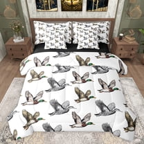 jejeloiu Rustic Mallard 7pcs Bedding Comforter Set,Wild Flying Animal Queen Bedding Sets,Gray White Brown Queen Sheet Sets For Men Women,Ultra Soft Home Decor Reversible