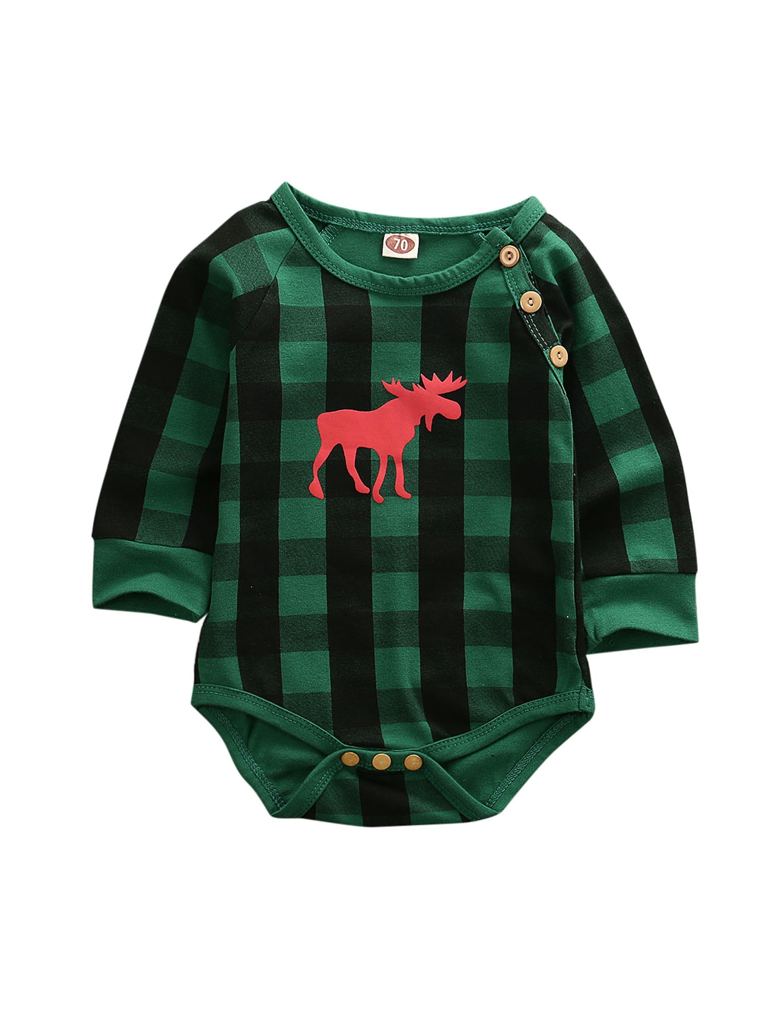 Long Sleeve Cotton Bodysuit for Baby Girls Boys Soft Plaid Christmas Reindeer Crawler