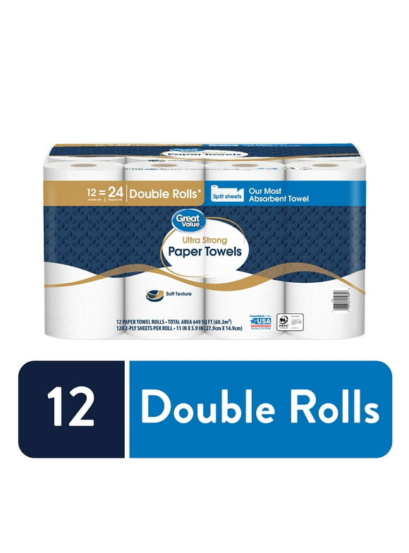 Great Value Ultra Strong Paper Towels, Split Sheets, 12 Double Rolls