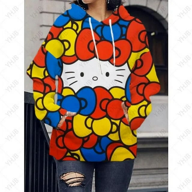 2023 Nouveau Hello Kitty Impression 3D Chandails à Capuchon pour Femmes Chandails Décontractés pour Femmes Chandail à Capuchon à Manches Longues Chandail à Enfiler pour Femme Hoody Chandails