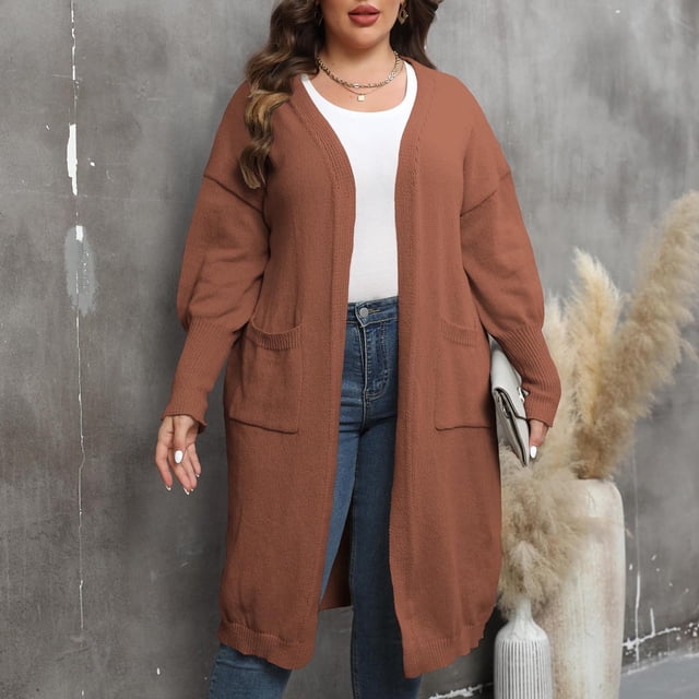 Frostluinai Plus Size Cardigans for Women Open Front Long Knit Cardigans Long Sleeve Drop Shoulder Cardigan Sweaters with Pockets Clearance