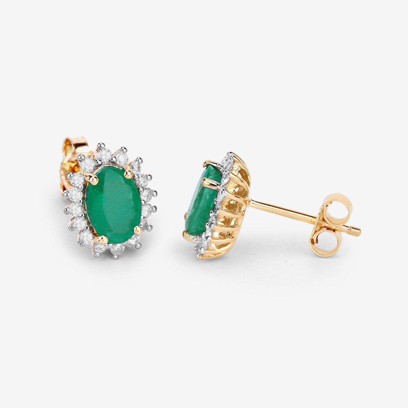 18Ct Emerald Earrings, Genuine Emerald Oval and Diamond 14k Yellow Gold Stud Plated Earrings for Women, Bridesmaid Gift, May Birthstone Gift