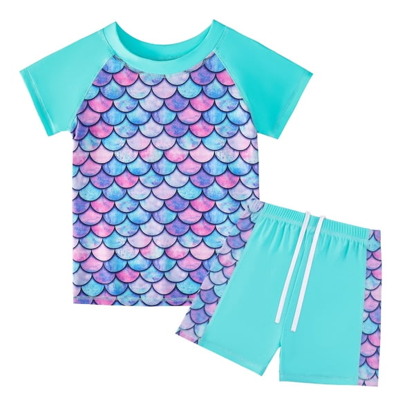 Girls Swimsuits Rash Guard Two Piece Set Short Sleeve Hawaiian Bathing Suit Kids Tankinis Swimwear 4-12T