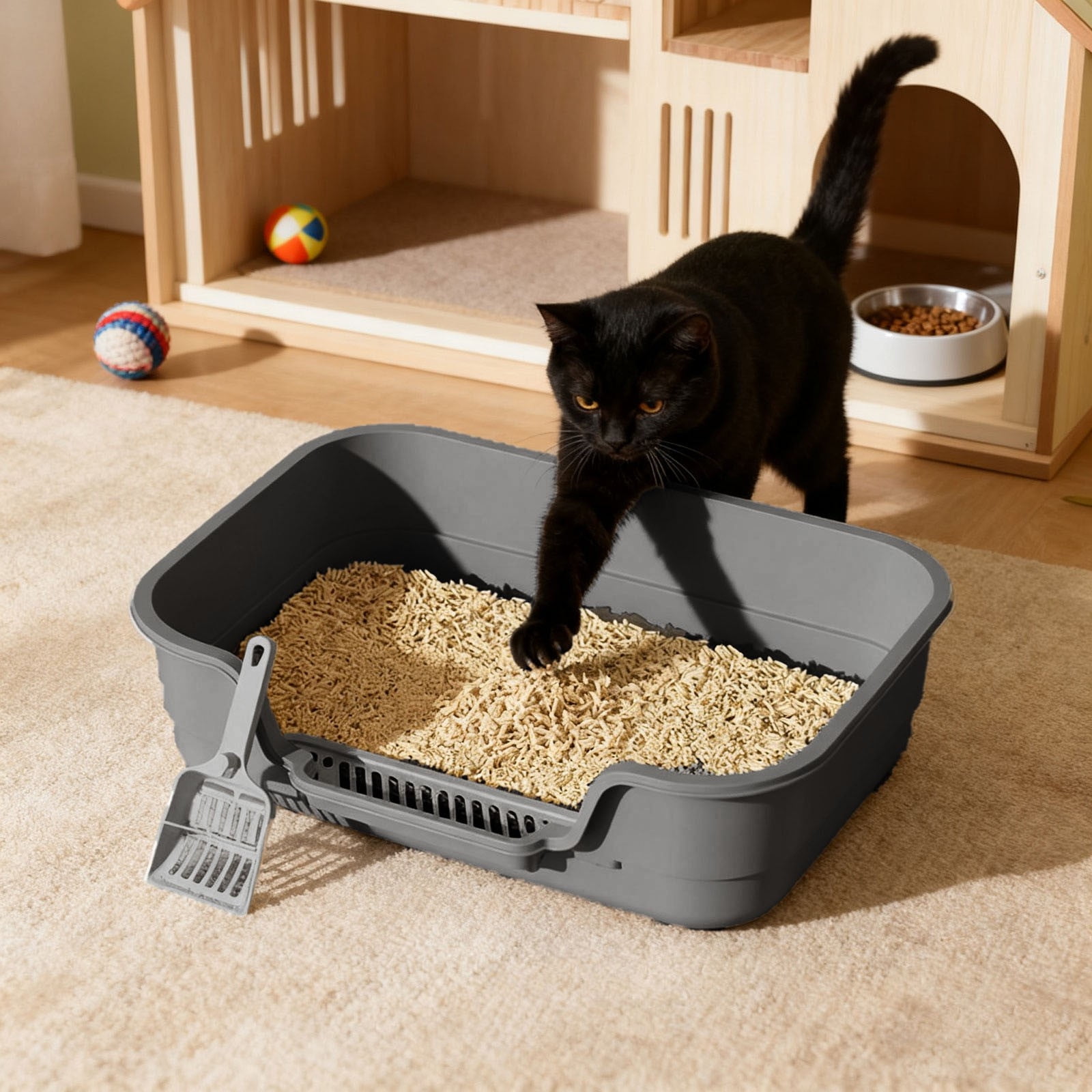 Cat Litter Box Semi-Enclosed, High Sided Anti-Splatter Litter Pan with Scoop, Odor Control, for Indoor Small to Medium Cats 17 Inch，Grey