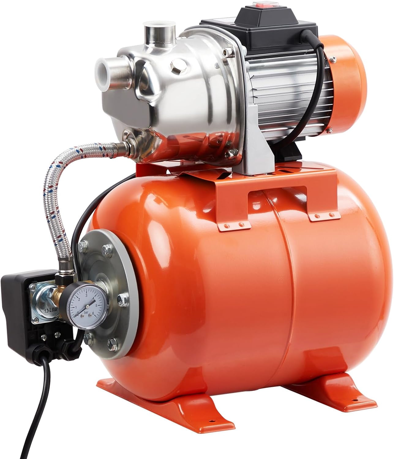 1HP Shallow Well Pump With Pressure Tank, Stainless Steel Water Transfer Pump, 115V Water Pump With Automatic Pressure Switch, Electric Utility Pump for Garden, Pool, Well, Irrigation