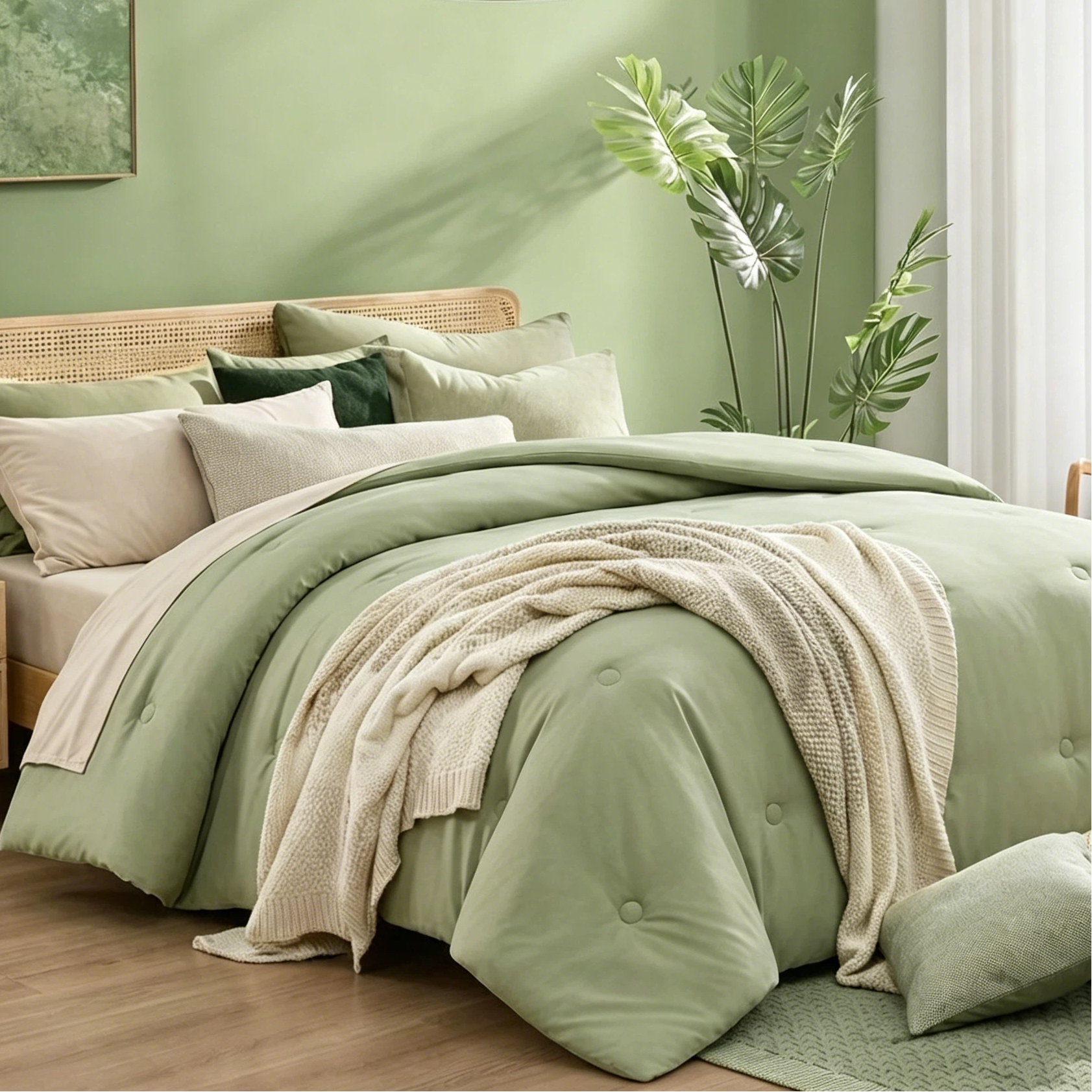 BDEUS 7 Pieces Comforter Set Queen,Bed in A bag,All Seasons Bedding sets with Comforter,Fitted Sheet,Flat Sheet,Pillowcases & Shames,Sage green