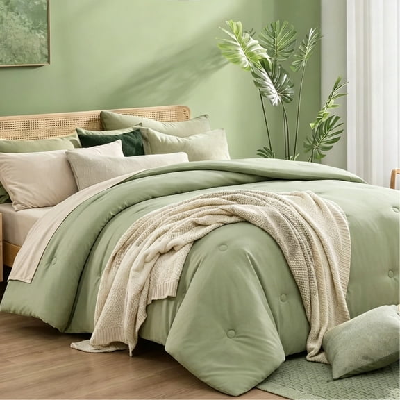 BDEUS 7 Pieces Comforter Set Queen，Bed in A bag，All Seasons Bedding sets with Comforter,Fitted Sheet,Flat Sheet,Pillowcases & Shames，Sage green