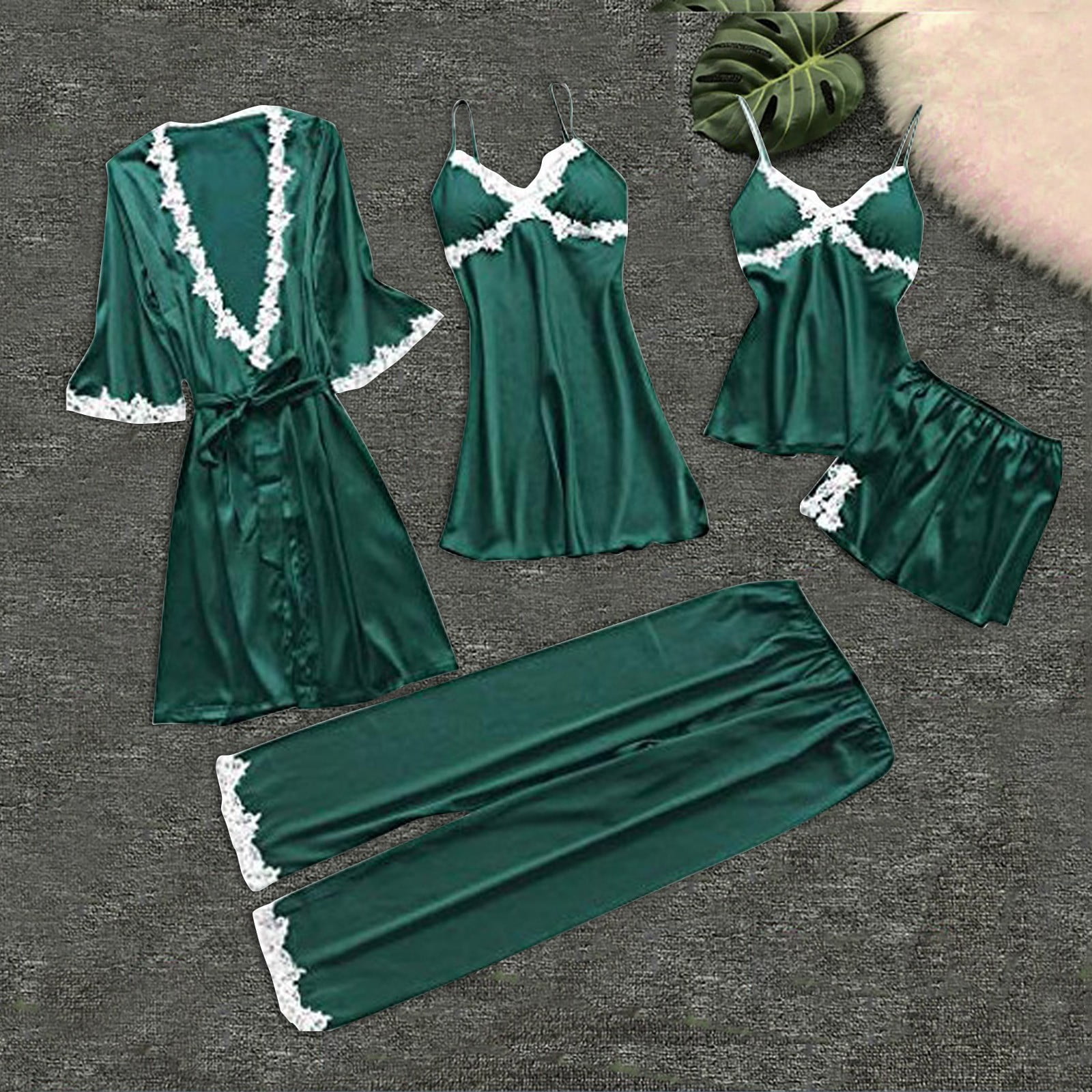 Blvb Women s Silk Satin 5 Piece Pajama Set Lace Cami Top Nightgown Sexy Sleepwear Robe Sets Nightdress With Chest Pads Green