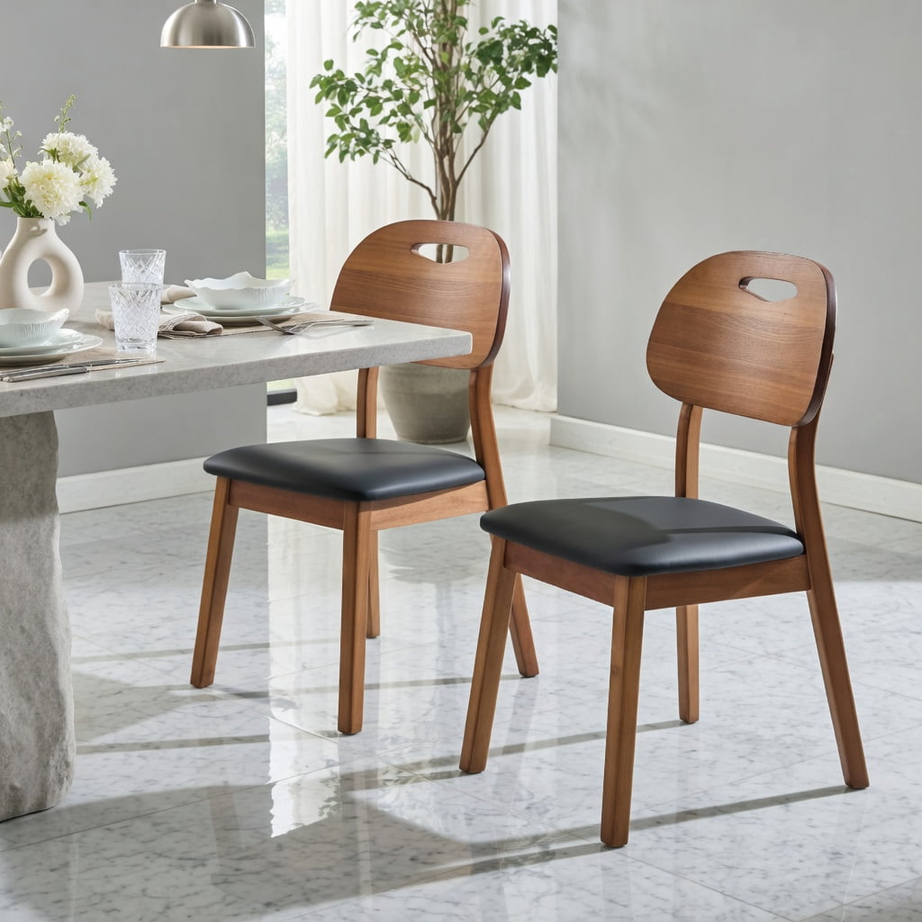 Hommoo 2-Pack Solid Wood Dining Chairs with PU Cushions, Ergonomic Hollow-Back Design, Scratch-Resistant Finish, Ideal for Dining Room, Home Office & Cafe, Black & Walnut