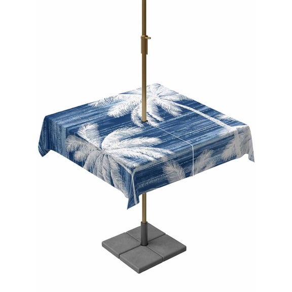 Outdoor Tablecloths with Umbrella Hole & Zipper, Summer Palm Trees 54x54 Inch Square Tablecloths, Tropical Navy Blue Shabby Abstract Art Beach Waterproof Table Cloth, Patio/Pool/Picnic Table Covers