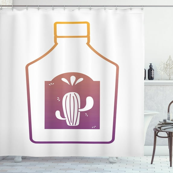 Tequila Shower Curtain, Ombre Effect Outline Artistic Bottle Design with Cute Cactus Pictogram on Print, Fabric Bathroom Set with Hooks, 69"WX70"L, Multicolor, by Ambesonne