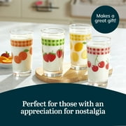 Libbey Vintage Juice Drinking Glasses Set of 4, Colorful, Retro Fruit Design Glass Cups Set, Dishwasher Safe Water Glasses Set for Everyday Beverages