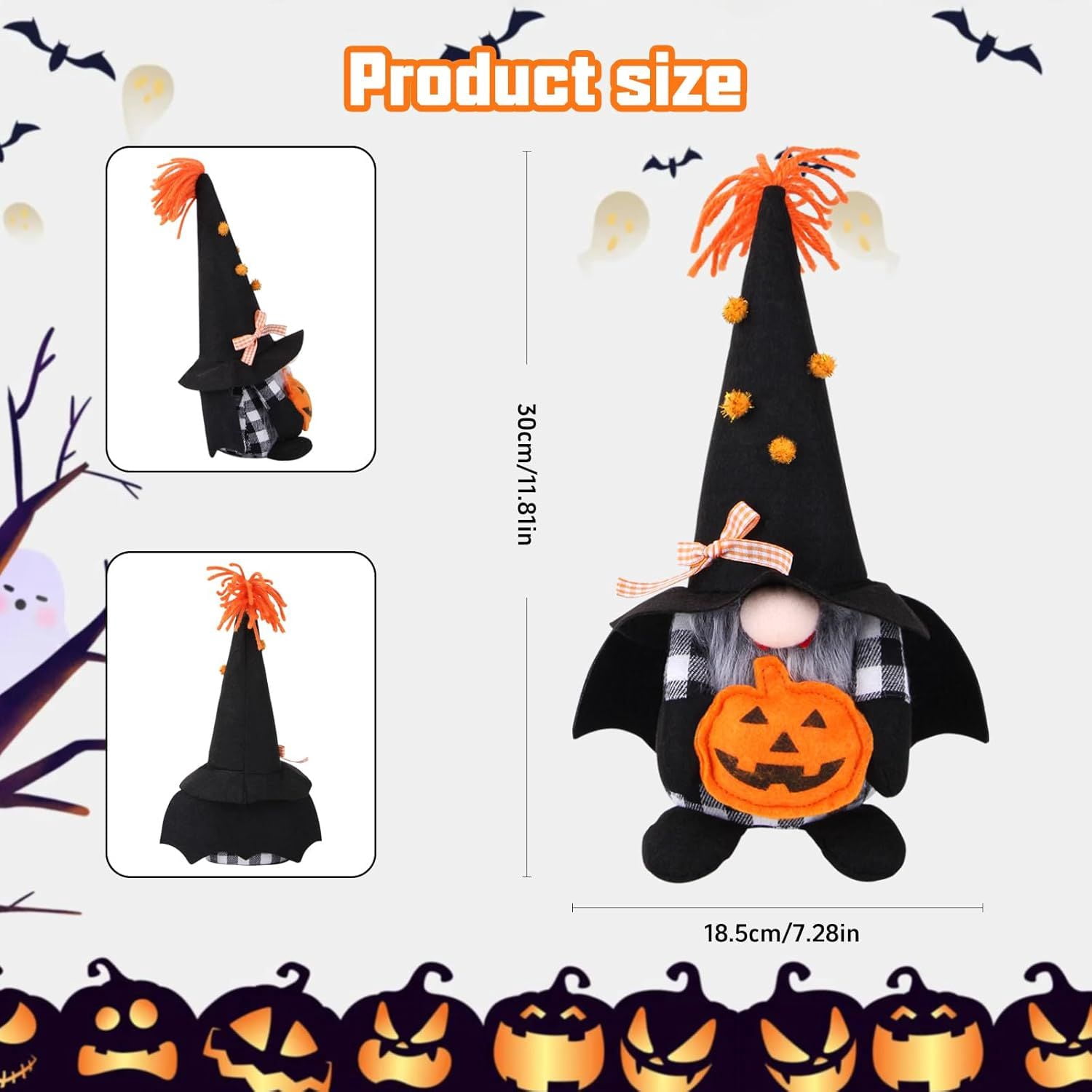 2 PCS Halloween Gnomes Plush Decor,Handmade Pumpkin Bat Ornaments Swedish Tomte Gnome Nisse Scandinavian Ornaments Elf Dwarf for Home Halloween Day Party Table Decorations
