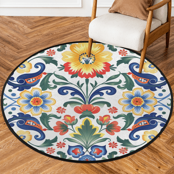 CURLYOOT Round Rug 3ft Mexican Area Rug, Washable Circle Mat Non Slip Floor Carpet Mat, Ethnic Mexico Floral Soft Indoor Rugs for Entryway Living Room Dining Room Bedroom