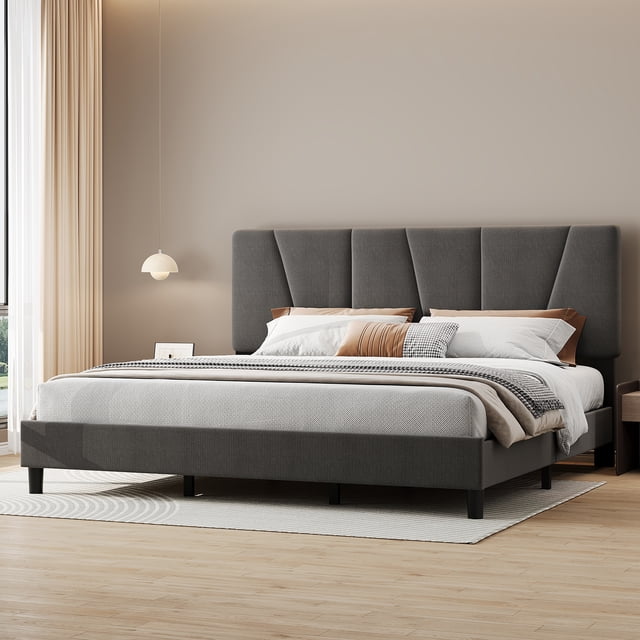 Bed Frame with Adjustable Headboard, Platform Bed Frame with Linen Upholstered, Wooden Slats Support, Noise Free, No Box Spring Needed