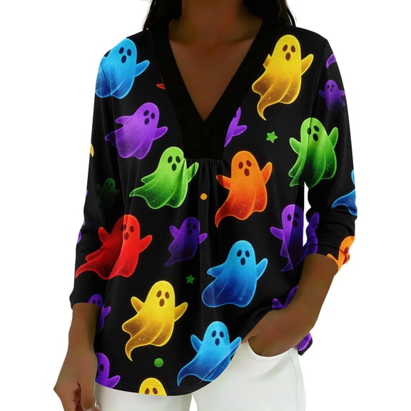 MVRLSH Womens Tops Blouse Casual Halloween Colorful Style Printed Comfortable Long Sleeved Tees Loose Fit Blouses Colorful - XL