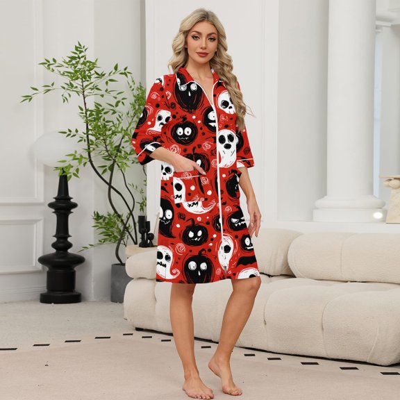 Womens Robes Knee Length 3/4 Sleeves Bathrobe Lightweight Zip Front House Coat Duster Loungewear with Pockets