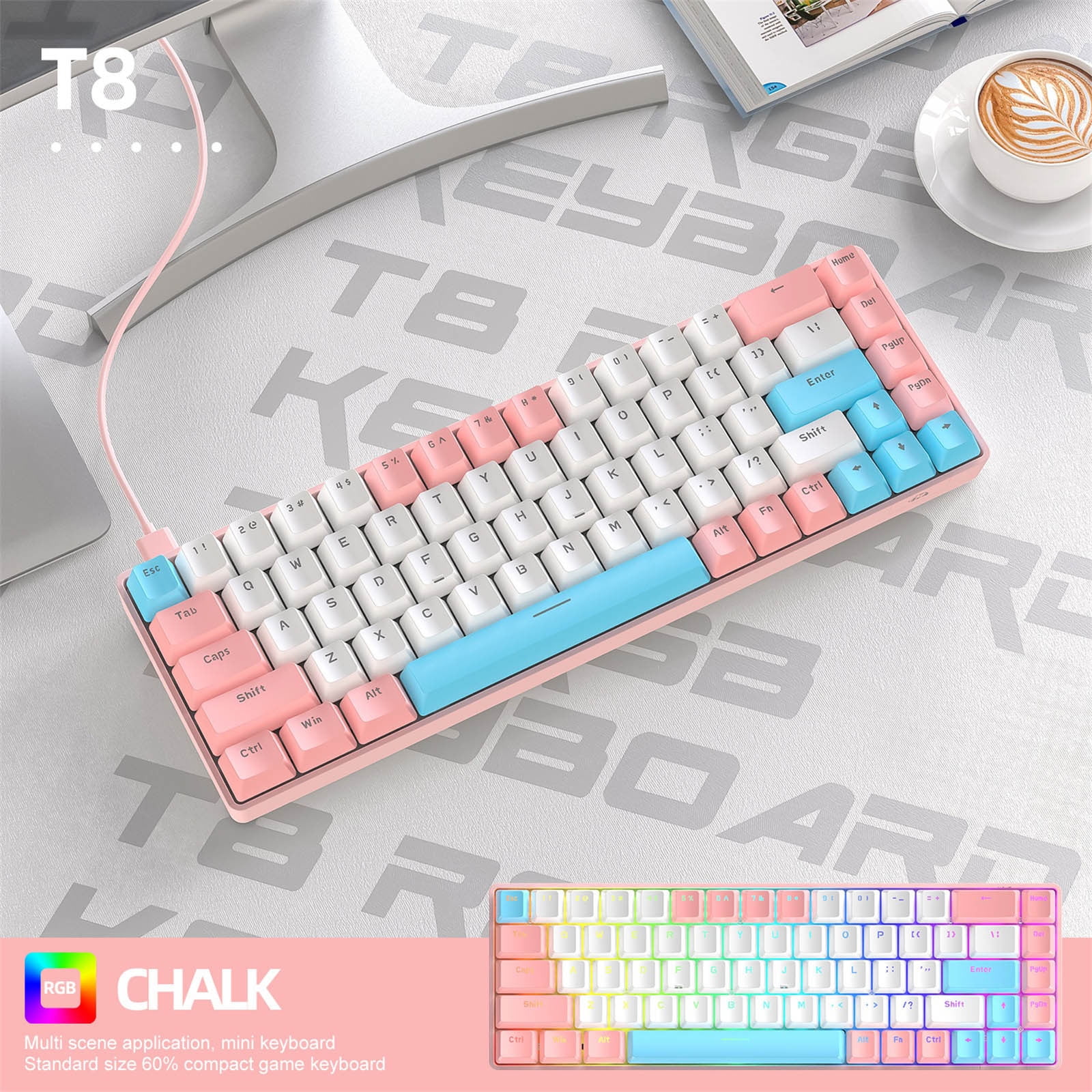 68-Key Type-C Wired RGB Backlit Mechanical Gaming Keyboard with Blue Switch, Anti-Ghosting, 18 RGB Modes, for Gaming, Office, Typing