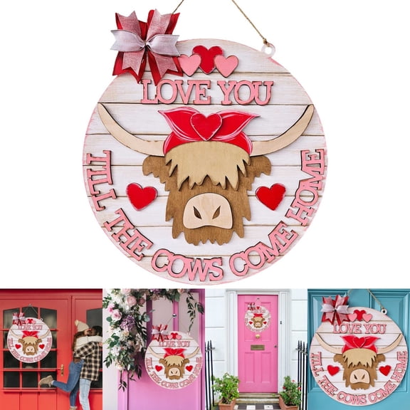 Front Door Hanging,Valentine's Day Highlan D Cow Door Sign Farm Front Decoration Welcome Wooden Door Sign