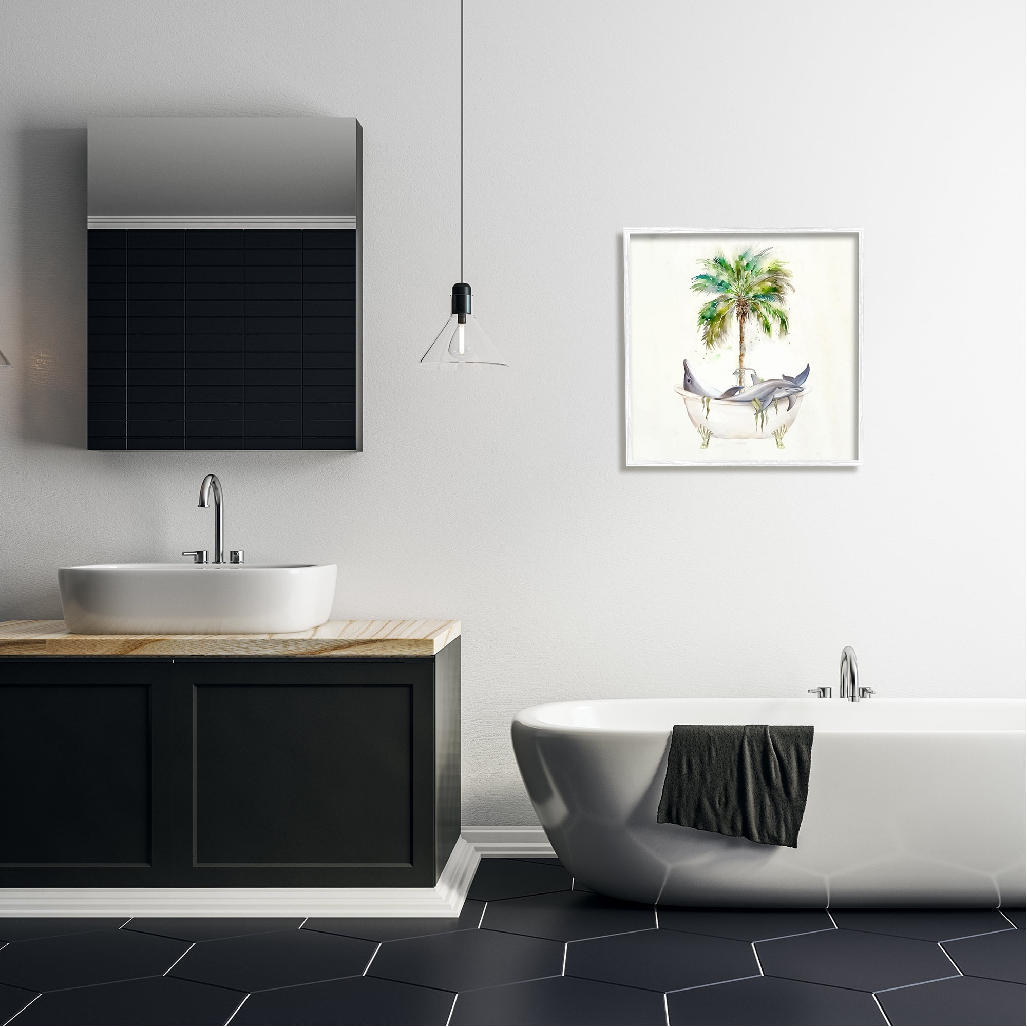 Stupell Industries Dolphins in Bath Tub Palm Tree Animals & Insects Painting White Framed Art Print Wall Art