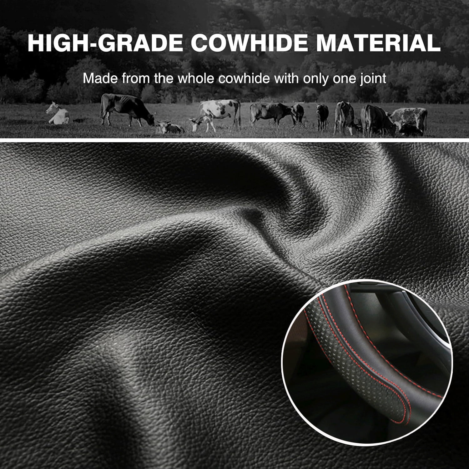 Genuine Leather Steering Wheel Cover, 14.5 - 15 Inches Universal Fit for Truck Sedans SUVs Black with Red stitching