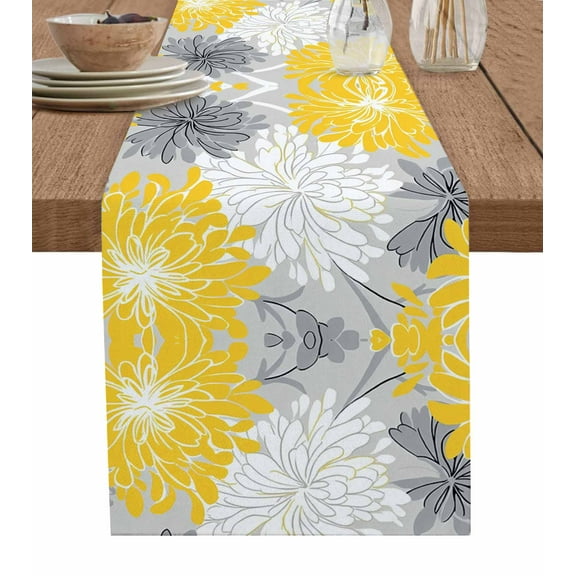 Yellow Flowers Burlap Cotton Table Runner 13x48 Inches Long, Retro Country Pastoral Garden Florals Farmhouse Table Runners, Outdoor Dining Tablecloths Decor for Baby Shower/Party/Wedding