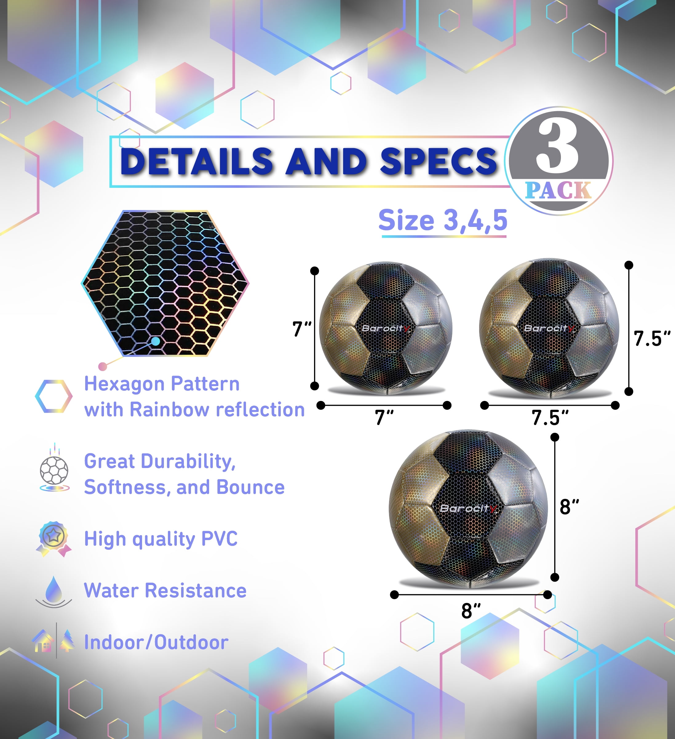 Barocity Iridescent Soccer Balls Set of 3 - Mixed Silver, Black, Gold Official Match Balls with Reflective Hex Pattern, Sport Soccer Balls for Indoor, Outdoor Training and Practice - Sizes 3, 4, and 5