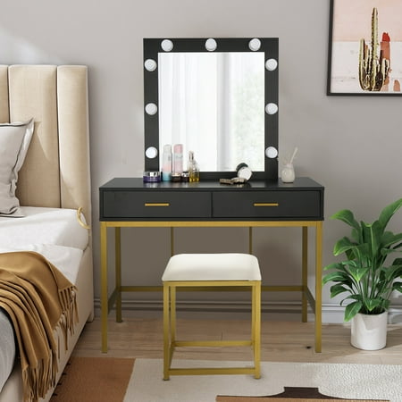 

Single Mirror With 2 Drawers And Light Bulbs Steel Frame Dressing Table Black