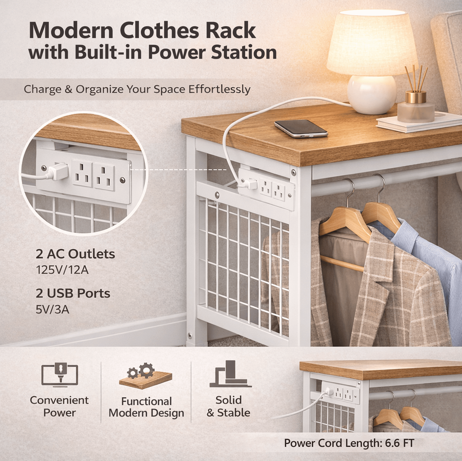 Simple Deluxe Storage Clothes Rack with 6 Drawers, Charging Station & LED Lights, Fabric Chest Shelves Clothing Rack, Wooden Portable Wardrobe Closet, 49.2" W x 15.7" D x 47.2" H, Brown