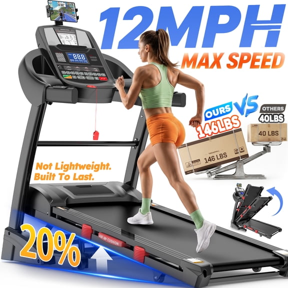 Home 4.95HP Treadmill with 20% Auto Incline, 400LB Capacity Foldable Treadmills with 12MPH Max Speed, 71 intelligent Programs, 51"×18" Extra-Wide Running Surface, Walking Running Electric Machine