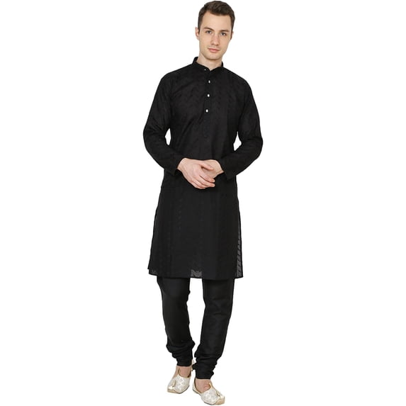 Royal Kurta Men's Lucknowi Chikan Embroidered Cotton Kurta Churidar Pyjama Set (Black; 40)