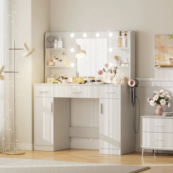Vanity Desk with Mirror, LED Lights & Adjustable Brightness, Bedroom Dresser with Drawers