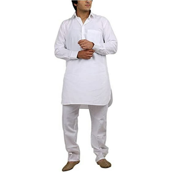 Royal Men's White Cotton Blended Fine Pathani Kurta Pyjama